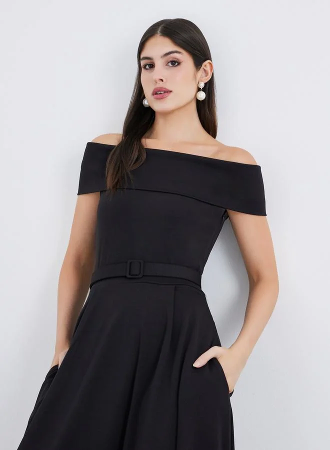 Styli Styli Off Shoulder Belted A-Line Maxi Dress