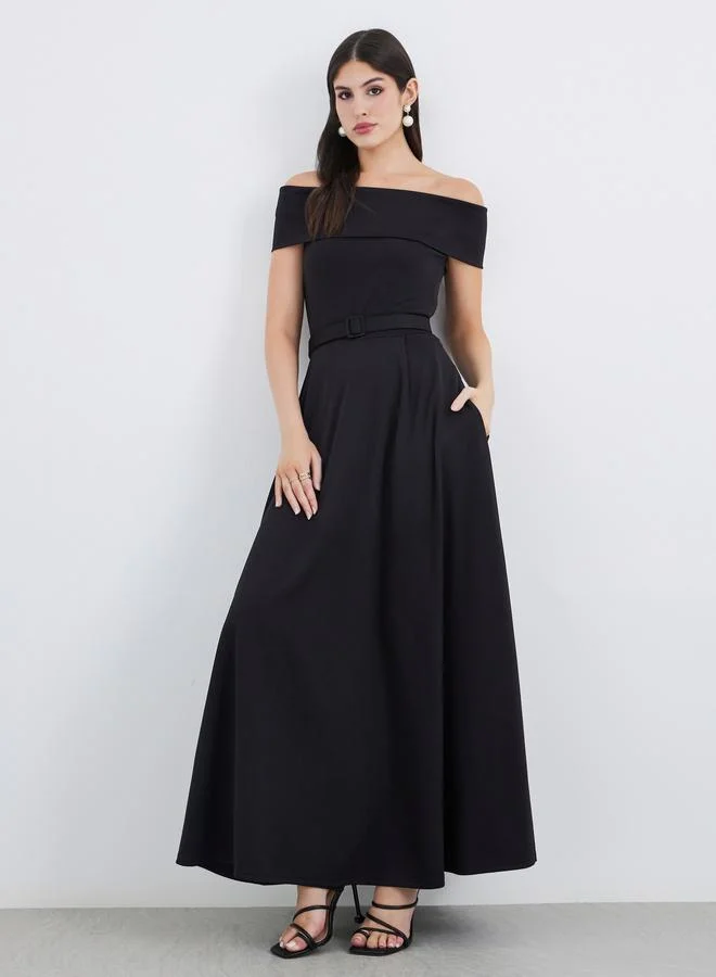 ستايلي Styli Off Shoulder Belted A-Line Maxi Dress