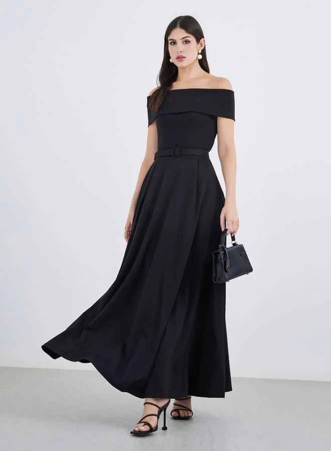 ستايلي Styli Off Shoulder Belted A-Line Maxi Dress