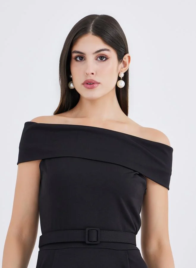 Styli Styli Off Shoulder Belted A-Line Maxi Dress