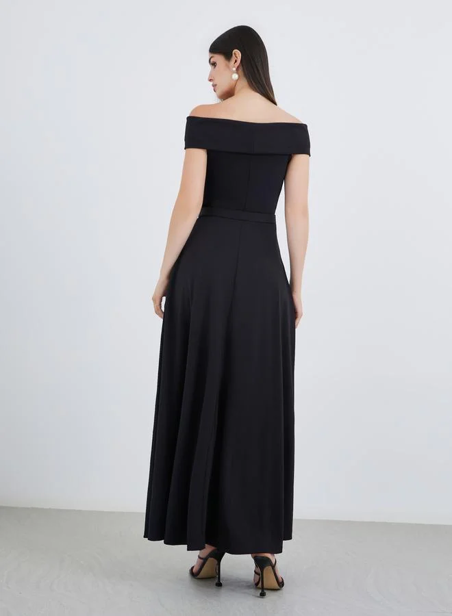 Styli Styli Off Shoulder Belted A-Line Maxi Dress