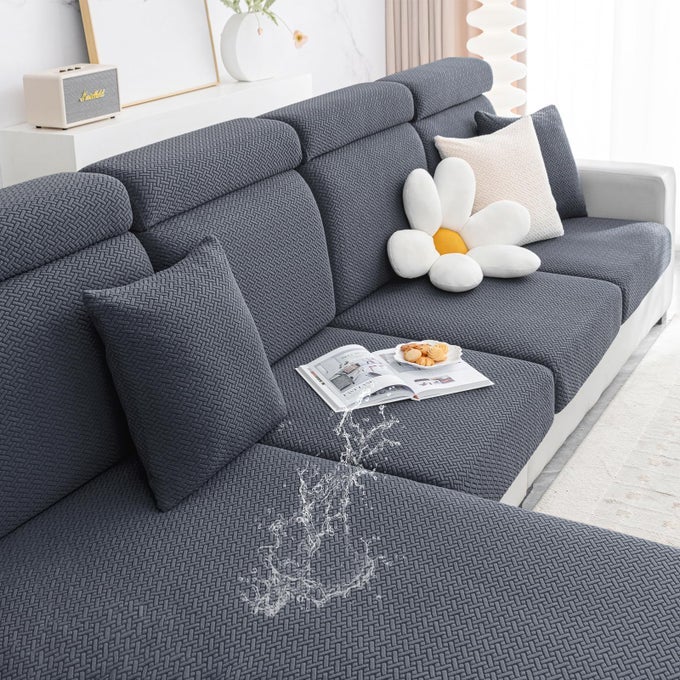 WATERPROOF COUCH CUSHION COVERS STRETCH JACQUARD SECTIONAL COUCH COVERS L SHAPE CHAISE LOUNGE SOFA SLIPCOVER WASHABLE ELASTIC FURNITURE PROTECTOR FOR PETS KID CHAISE COVER GREY