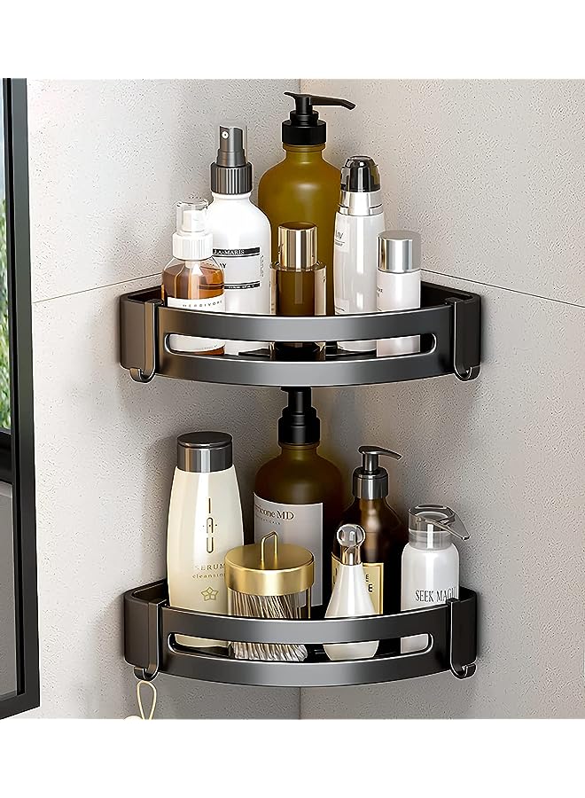 Raxoom No Drilling Corner Shower Caddy,Self-Adhesive Bathroom Shelves Aluminum Rustproof Corner Shower Organizer for Bathroom, Toilet, Kitchen and Dorm,No Drill, with Two Hooks (Black) - Image 1