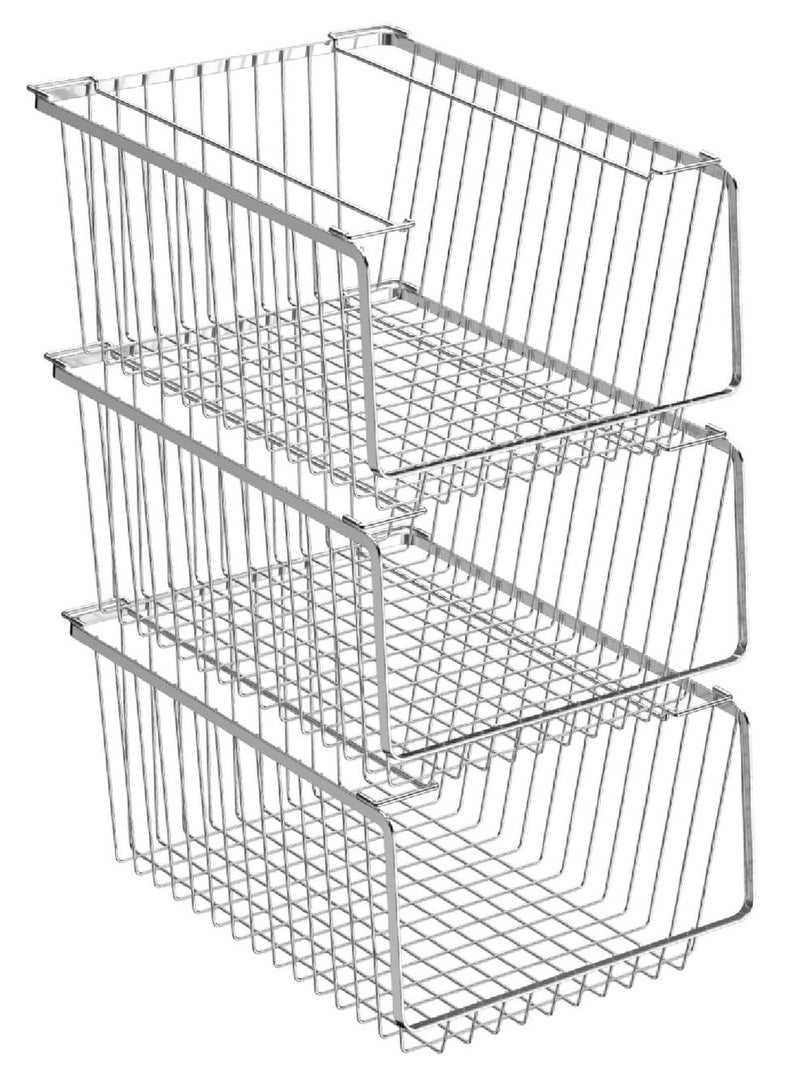 blitzlabs Wire Storage Baskets Stackable Refrigerator Organizer Bins Sturdy Metal Wire Bin Baskets Organization Baskets for Storage with Handles for Kitchen, Closets, Bathroom, Cabinets -Set of 3 - Image 1