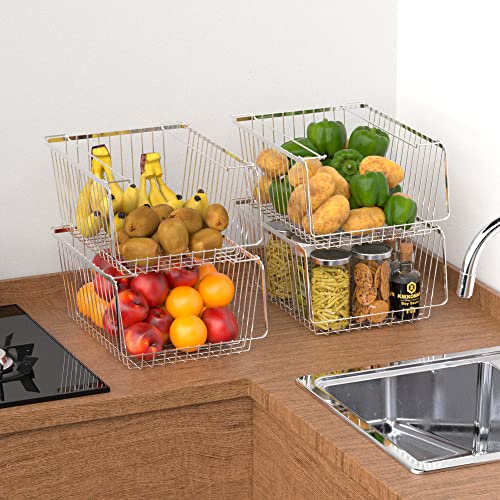 blitzlabs Wire Storage Baskets Stackable Refrigerator Organizer Bins Sturdy Metal Wire Bin Baskets Organization Baskets for Storage with Handles for Kitchen, Closets, Bathroom, Cabinets -Set of 3 - Image 4