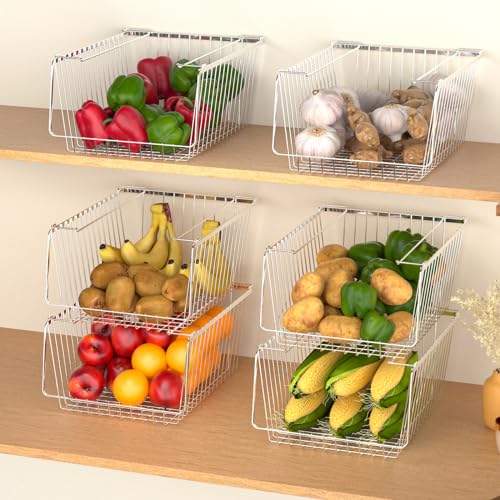 blitzlabs Wire Storage Baskets Stackable Refrigerator Organizer Bins Sturdy Metal Wire Bin Baskets Organization Baskets for Storage with Handles for Kitchen, Closets, Bathroom, Cabinets -Set of 3 - Image 2