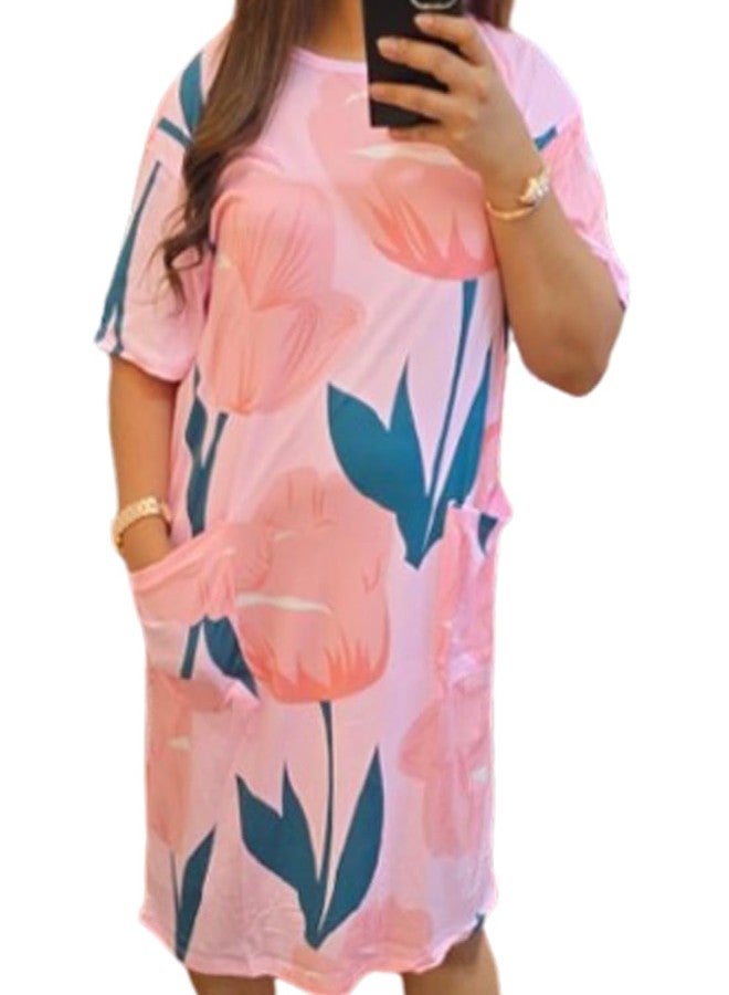 Ukal Women's Tunic Comfortable Both Side Pockets Regular Fit Print T-Shirt Dress, Short Sleeve, Floral Pattern, Casual Summer Wear (in, Alpha, M, Regular, HS-2)