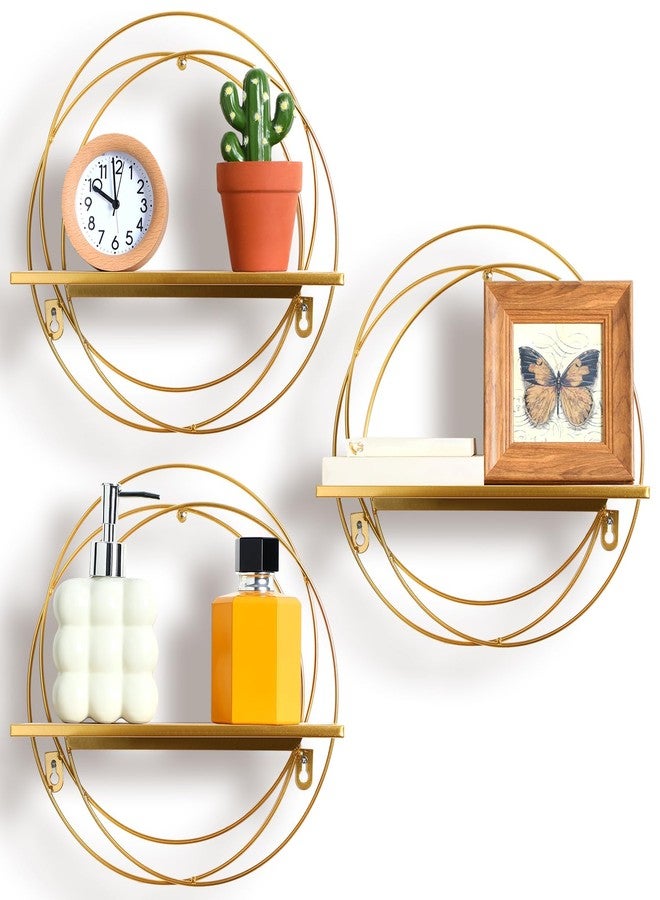 Yaocom مجموعة ياوكوم من 3 أرفف عائمة ذهبية اللون، تُثبت على الحائط، مصنوعة من سلك معدني ذهبي وخشب، رف دائري قابل للطي، ديكور حائط للتخزين، مناسب لغرفة النوم، الحمام، غرفة المعيشة، المطبخ، المكتب، ديكور المنزل - Image 1