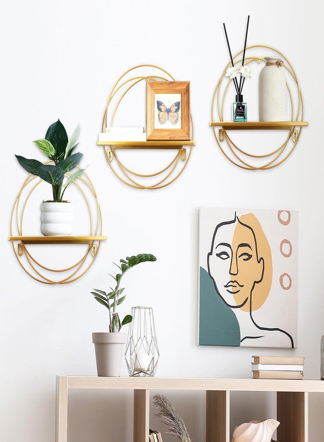 Yaocom مجموعة ياوكوم من 3 أرفف عائمة ذهبية اللون، تُثبت على الحائط، مصنوعة من سلك معدني ذهبي وخشب، رف دائري قابل للطي، ديكور حائط للتخزين، مناسب لغرفة النوم، الحمام، غرفة المعيشة، المطبخ، المكتب، ديكور المنزل - Image 4