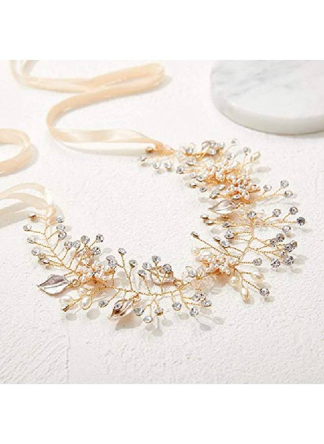 SWEETV Gold Wedding Headband Flower Bridal Headpieces For Wedding Hair Accessories For Brides Hair Pieces Crystal Pearl Hair Vine  - Image 5