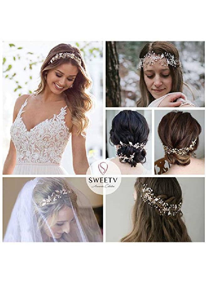 SWEETV Gold Wedding Headband Flower Bridal Headpieces For Wedding Hair Accessories For Brides Hair Pieces Crystal Pearl Hair Vine  - Image 4