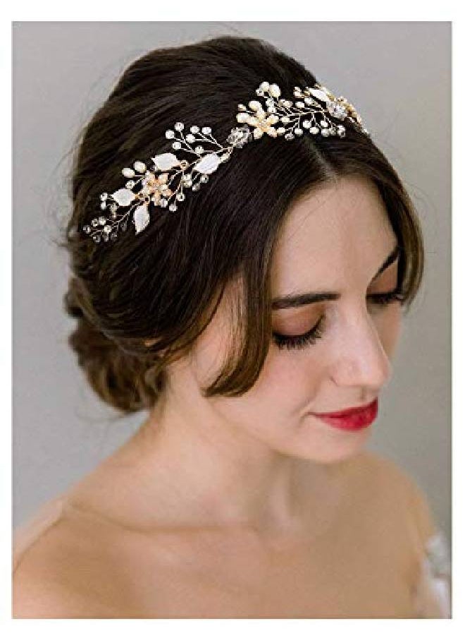 SWEETV Gold Wedding Headband Flower Bridal Headpieces For Wedding Hair Accessories For Brides Hair Pieces Crystal Pearl Hair Vine  - Image 3