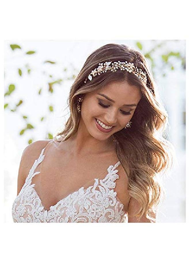 SWEETV Gold Wedding Headband Flower Bridal Headpieces For Wedding Hair Accessories For Brides Hair Pieces Crystal Pearl Hair Vine  - Image 2
