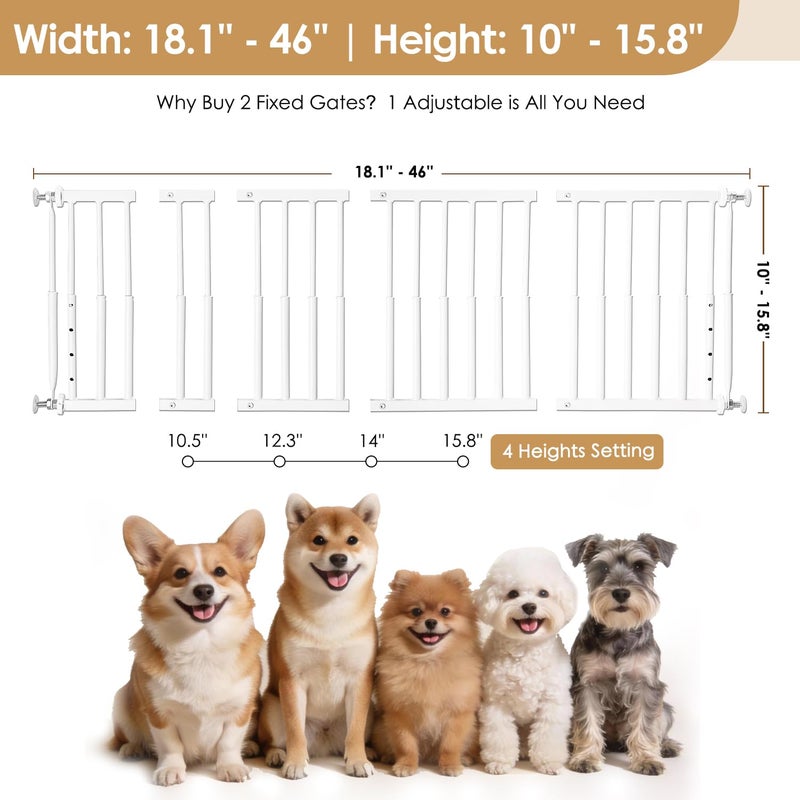 Yoochee 10''-15.8'' Height Adjustable Dog Gate, Extra Wide 18.1"-46" All Metal Short Dog Gate to Step Over, Pressure Mount Small Pet Puppy Gate for Stairs & Doorways(White) - Image 4