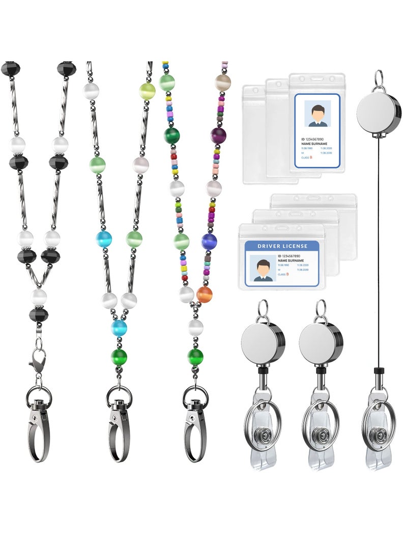 Excefore Retractable Badge Reel Lanyard with ID Holder, 3 Pcs Beaded Lanyards Waterproof Stainless Steel ID Badge Necklace Set for Female Nurse Employee Students (Fashion Jeweled) - Image 1