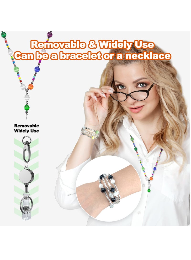 Excefore Retractable Badge Reel Lanyard with ID Holder, 3 Pcs Beaded Lanyards Waterproof Stainless Steel ID Badge Necklace Set for Female Nurse Employee Students (Fashion Jeweled) - Image 4