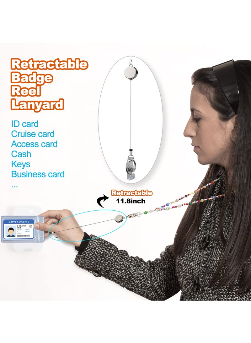 Excefore Retractable Badge Reel Lanyard with ID Holder, 3 Pcs Beaded Lanyards Waterproof Stainless Steel ID Badge Necklace Set for Female Nurse Employee Students (Fashion Jeweled) - Image 2