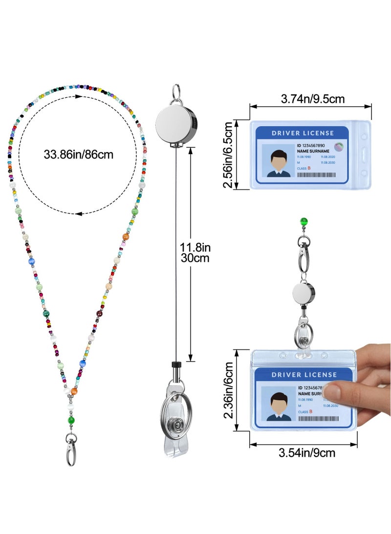 Excefore Retractable Badge Reel Lanyard with ID Holder, 3 Pcs Beaded Lanyards Waterproof Stainless Steel ID Badge Necklace Set for Female Nurse Employee Students (Fashion Jeweled) - Image 3