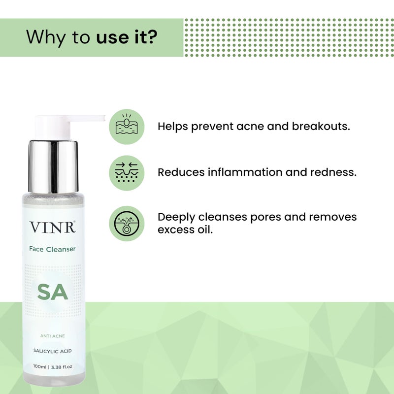 Vinr Anti-Acne Salicylic Acid 2% Face Wash, Oil Control | Sulfate-Free Formula | Suitable for Oily, Combination, and Acne-Prone Skin| For Women & Men| 100 ml - Image 2