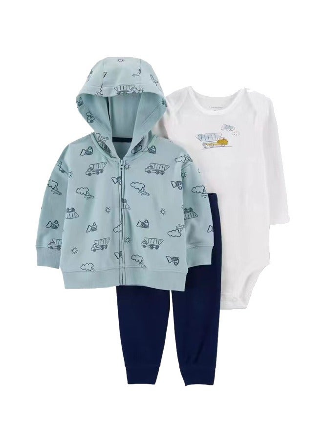 RedMapleTEK Baby Boy And Girl Sweater Jacket Hooded Coat Long-Sleeved Jumpsuit Baby Three-Piece Set  - Image 1