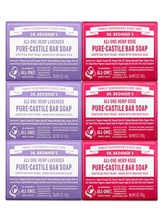 Dr. Bronner's Purecastile Bar Soap Rose 5 Ounce (3) And Lavender 5 Ounce (3)  Made With Organic Oils For Face Body And Hair Gentle And Moisturizing Biodegradable Vegan Crueltyfree Nongmo - Image 1