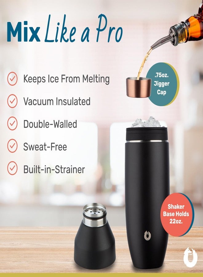 SNOWFOX Premium Vacuum Insulated Stainless Steel Cocktail Shaker, Home Bar Accessories, Elegant Drink Mixer, Leak, Proof Lid With Jigger & Built, In Strainer, Black/Gold, 22oz. - Image 2