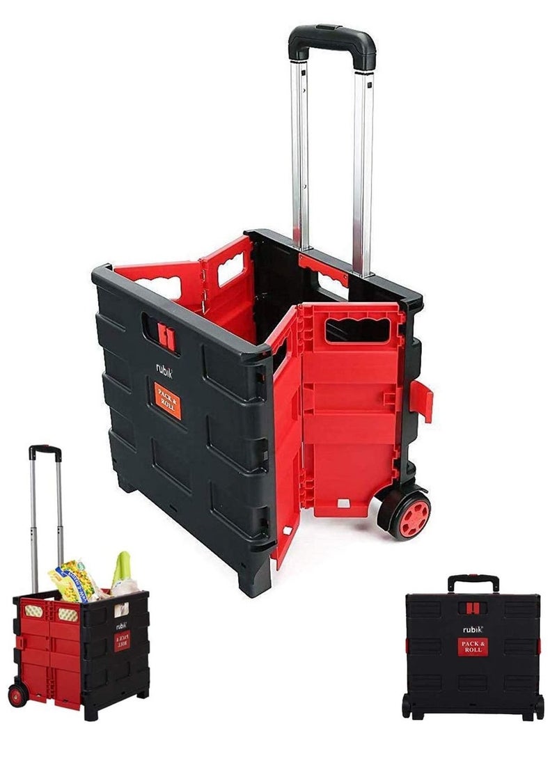 Rubik 25kg Folding Shopping Trolley Cart with Wheels Collapsible Grocery Storage Boot Cart Box Utility Transit Hand Cart for Daily Use (Red/Black)  - Image 1