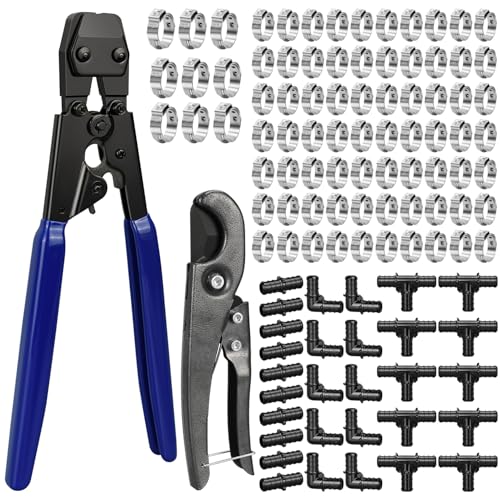 PXZBLG PEX Cinch Clamp Tool Kit, 3/8" to 1" PEX Pipe Clamp Cinch Tool with 30 pcs 1/2" PPSU PEX Fittings Combo, 1pcs Pipe Cutter, 70 pcs 1/2" PEX Cinch Clamps, 10pcs 3/4" PEX Cinch Clamps - Image 1