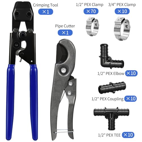 PXZBLG PEX Cinch Clamp Tool Kit, 3/8" to 1" PEX Pipe Clamp Cinch Tool with 30 pcs 1/2" PPSU PEX Fittings Combo, 1pcs Pipe Cutter, 70 pcs 1/2" PEX Cinch Clamps, 10pcs 3/4" PEX Cinch Clamps - Image 2