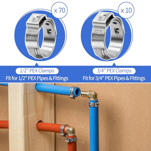 PXZBLG PEX Cinch Clamp Tool Kit, 3/8" to 1" PEX Pipe Clamp Cinch Tool with 30 pcs 1/2" PPSU PEX Fittings Combo, 1pcs Pipe Cutter, 70 pcs 1/2" PEX Cinch Clamps, 10pcs 3/4" PEX Cinch Clamps - Image 5