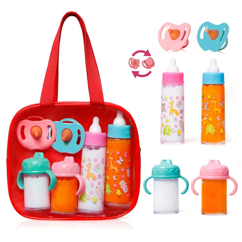 fash n kolor®, My Sweet Baby Disappearing Doll Feeding Set | Baby Care 6 Piece Doll Feeding Set for Toy Stroller | 2 Milk & Juice Bottles with 2 Toy Pacifier for Baby Doll,(Red) - Image 1