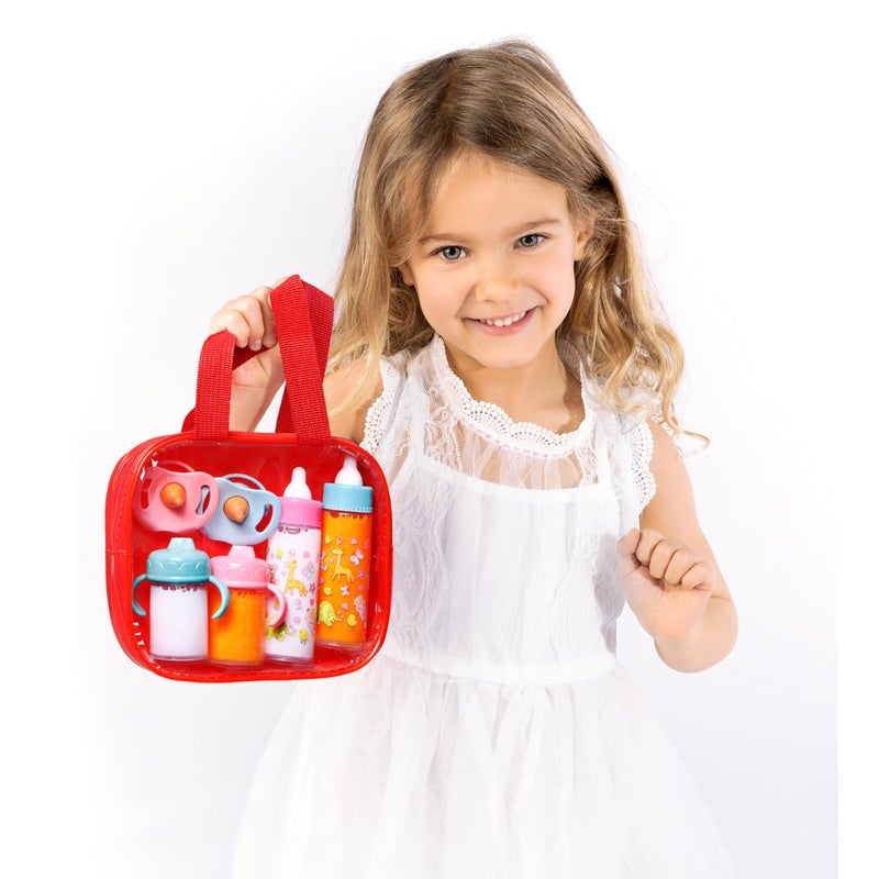 fash n kolor®, My Sweet Baby Disappearing Doll Feeding Set | Baby Care 6 Piece Doll Feeding Set for Toy Stroller | 2 Milk & Juice Bottles with 2 Toy Pacifier for Baby Doll,(Red) - Image 2