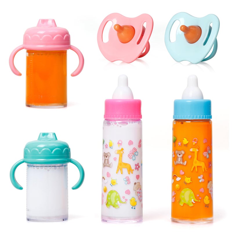 fash n kolor®, My Sweet Baby Disappearing Doll Feeding Set | Baby Care 6 Piece Doll Feeding Set for Toy Stroller | 2 Milk & Juice Bottles with 2 Toy Pacifier for Baby Doll,(Red) - Image 4