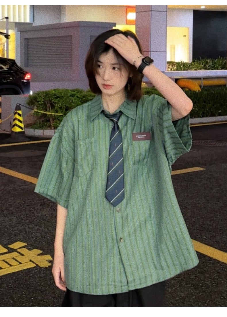 Ja1 never stays up late, Japanese retro Hong Kong-style striped shirt, women's short-sleeved and youthful neutral loose top for men - Image 2