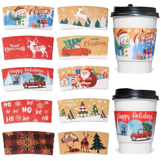 CHRISTMAS COFFEE CUP SLEEVES DISPOSABLE HOT CHOCOLATE COCOA PAPER CUP SLEEVE 120 PACK DOUBLELAYER CORRUGATED INSULATED PAPER JACKET FOR 12OZ TO 20OZ 10 DESIGNS