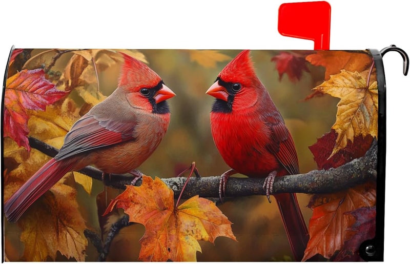 Farg Fall Autumn Harvest Mailbox Covers Thanksgiving Red Cardinal Birds Maple Leaves Mailbox Post Cover Letter Box for Garden Standard Size 21x18 in for Yard Home Decor - Image 1