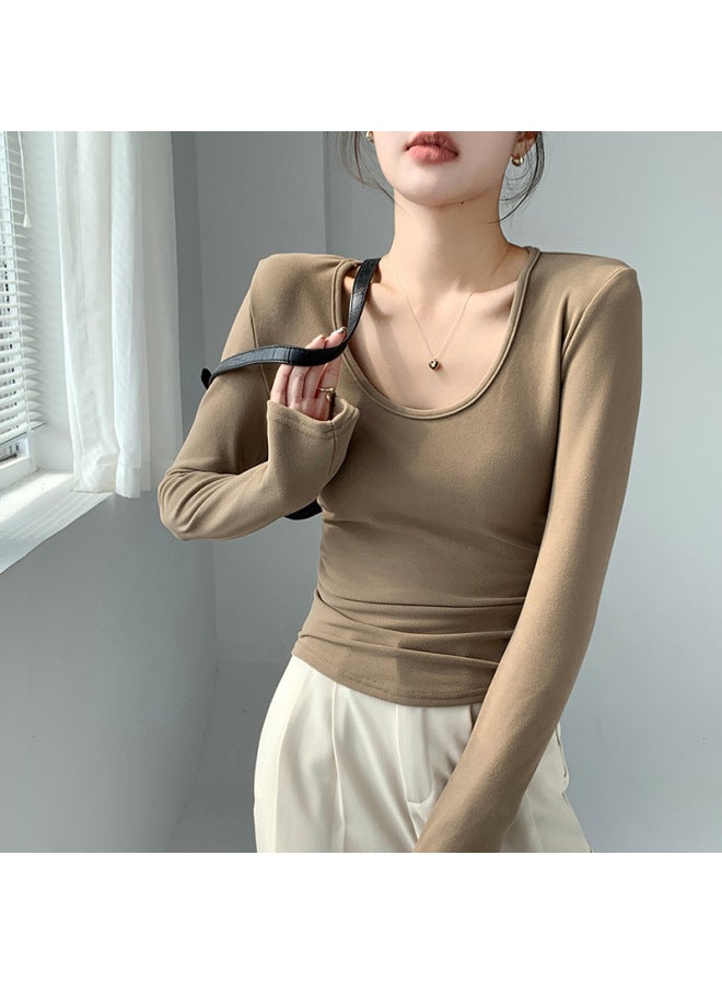 H257 Customized Coconut Velvet Large U-neck Bottoming Shirt With T-shirt Long-sleeved Autumn And Winter Brushed Waist Slim Fit Covering The Flesh Pleats