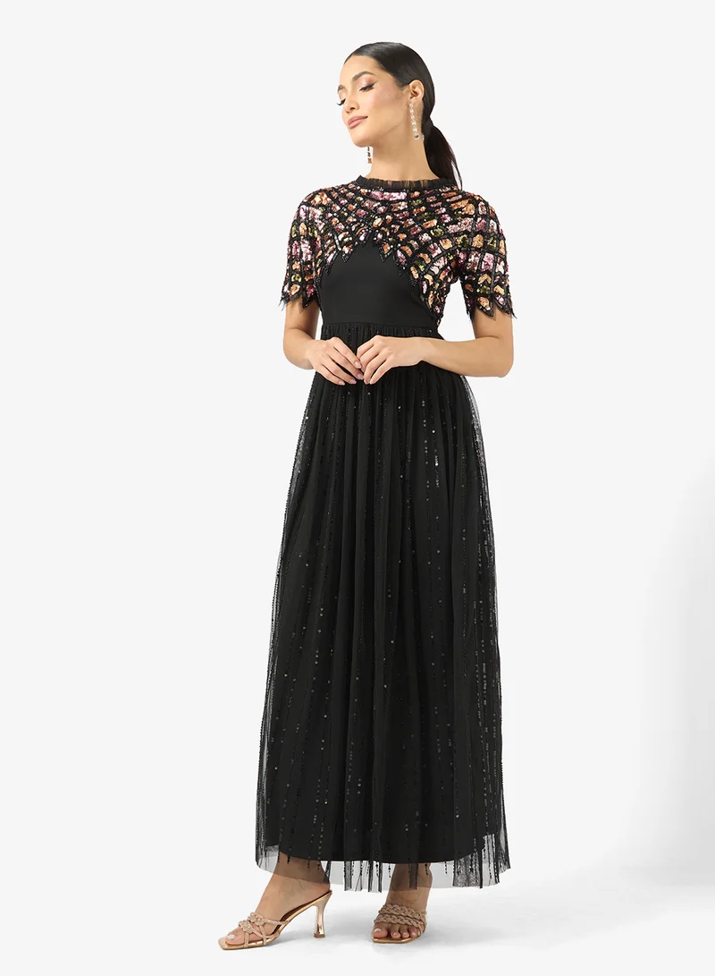 Crew Neck Sequin Mesh Detailed Dress