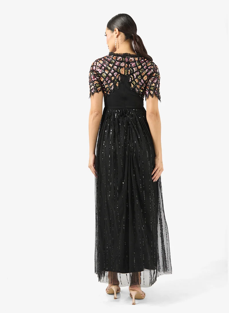 Amelia Rose Crew Neck Sequin Mesh Detailed Dress