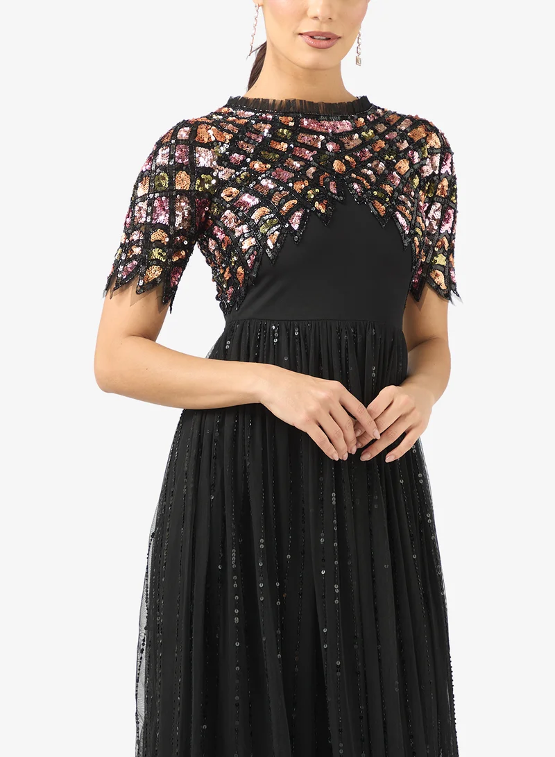 Amelia Rose Crew Neck Sequin Mesh Detailed Dress