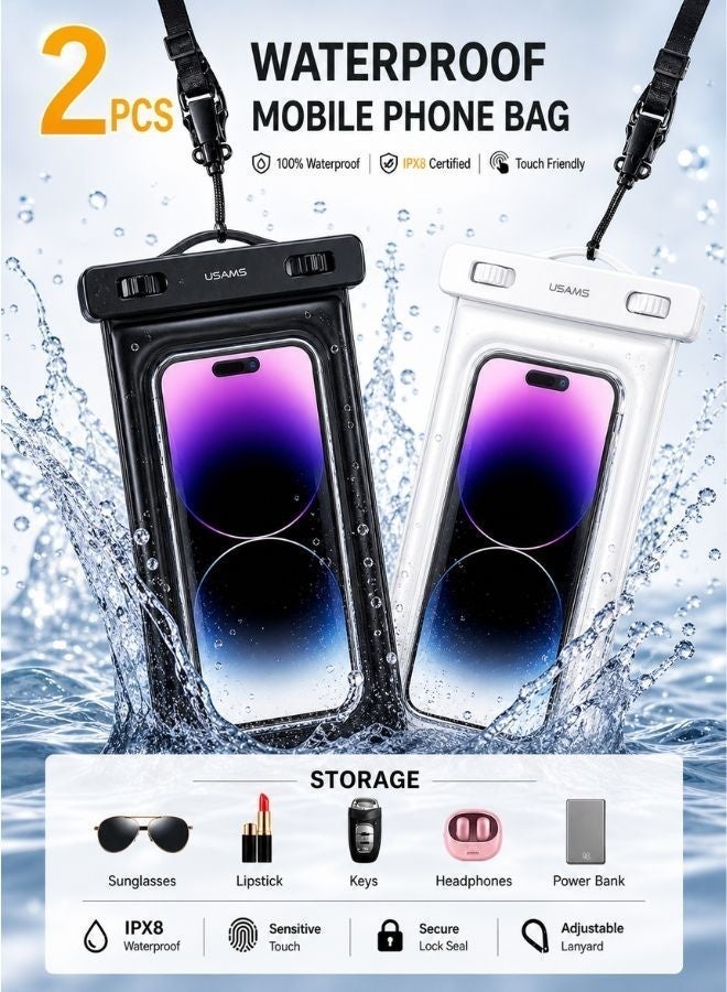 Usams Waterproof Case for Mobile 2pcs mobile  cover , Touchscreen Functionality, Waterproof Pouch, mobile phone Dry Bag, Waterproof Cell Phone Case, Drift Diving Swimming Waterproof Bag, for all Smart  mobile phones upto ealsy to carry smart phone puoch - Image 1