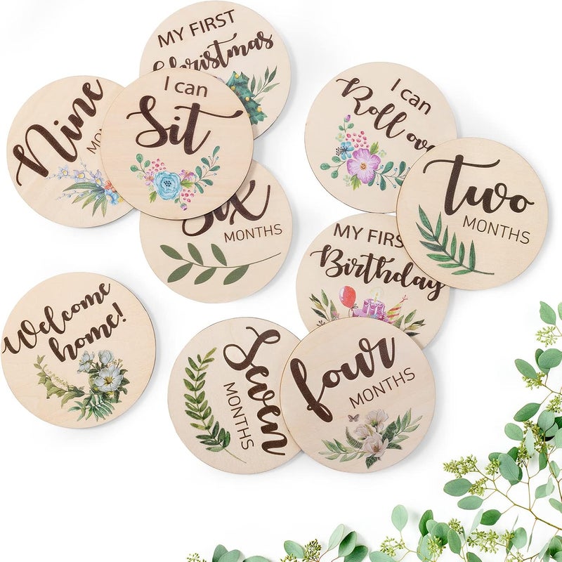 Al Raied ARS® Baby Monthly Milestone Cards - 10 Double Sided Wooden Discs for Newborn Photography - Image 1