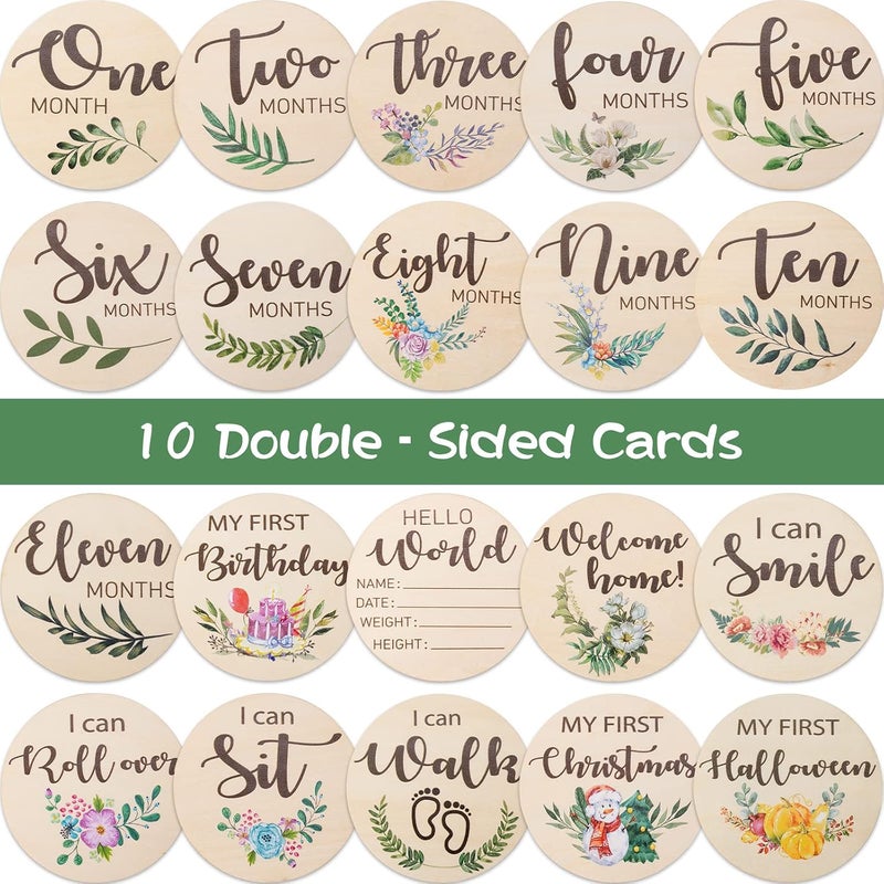 Al Raied ARS® Baby Monthly Milestone Cards - 10 Double Sided Wooden Discs for Newborn Photography - Image 3