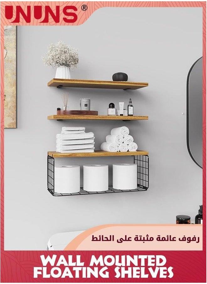 UNUNS Wall Mounted Floating Shelves,3Pcs Rustic Wood Bathroom Shelves Over Toilet with Paper Storage Basket,Farmhouse Shelf For Decor, Bedroom,Living Room,Kitchen  - Image 5