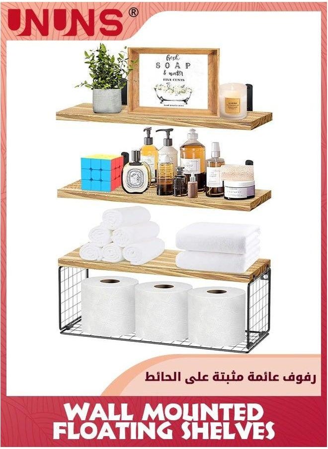 UNUNS Wall Mounted Floating Shelves,3Pcs Rustic Wood Bathroom Shelves Over Toilet with Paper Storage Basket,Farmhouse Shelf For Decor, Bedroom,Living Room,Kitchen  - Image 1