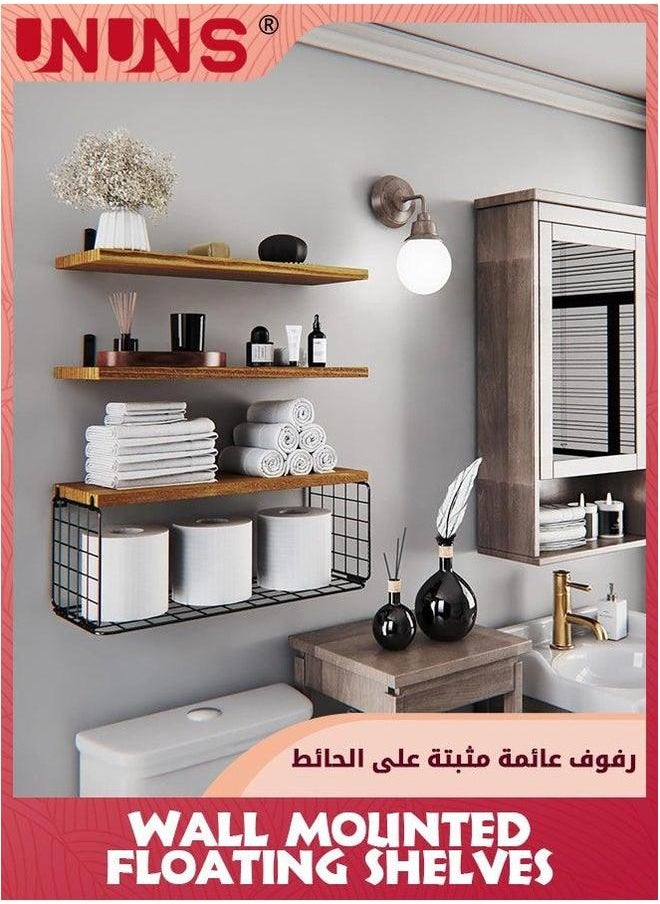 UNUNS Wall Mounted Floating Shelves,3Pcs Rustic Wood Bathroom Shelves Over Toilet with Paper Storage Basket,Farmhouse Shelf For Decor, Bedroom,Living Room,Kitchen  - Image 4
