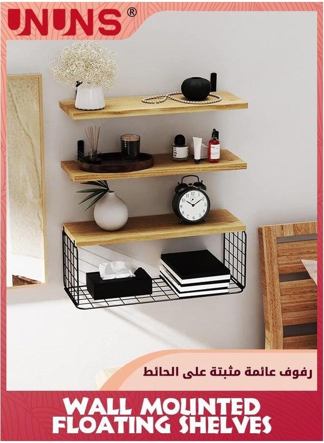 UNUNS Wall Mounted Floating Shelves,3Pcs Rustic Wood Bathroom Shelves Over Toilet with Paper Storage Basket,Farmhouse Shelf For Decor, Bedroom,Living Room,Kitchen  - Image 3