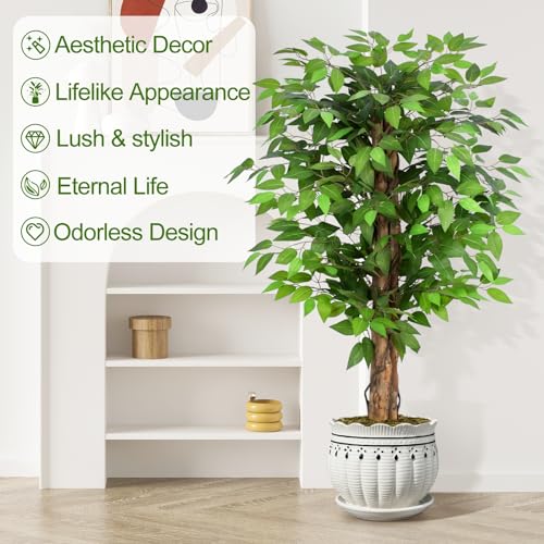 Keeplush 4ft Ficus Artificial Trees with Natural Curved Trunks 48 Tall Lush Faux Tree for Home Decor Indoor Green Lifelike Fake Ficus Tree Artificial Plants - Image 3