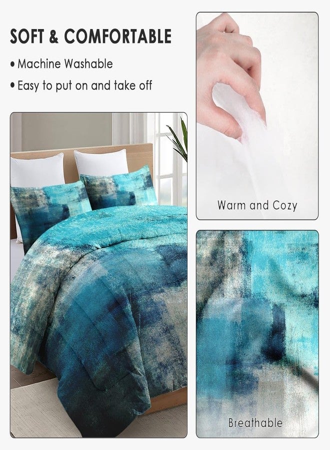 WeCozy Full Size Comforter Set with 2 Pillowcases, Painting Contemporary Teal Turquoise Grey Soft Bedding Set for Kids and Adults Bedroom Bed Decor - Image 5