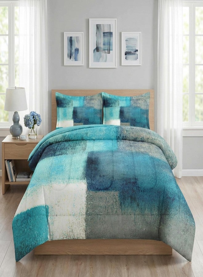 WeCozy Full Size Comforter Set with 2 Pillowcases, Painting Contemporary Teal Turquoise Grey Soft Bedding Set for Kids and Adults Bedroom Bed Decor - Image 1